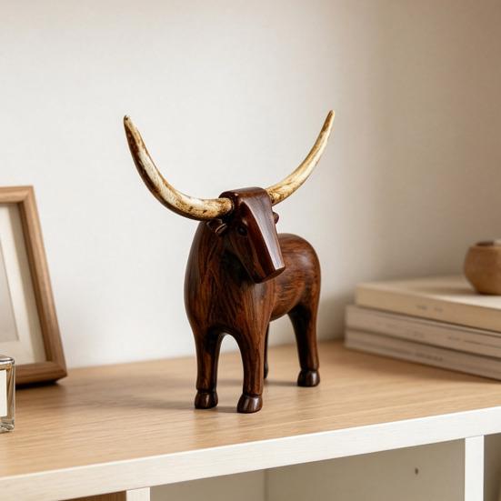 Neutral Retro Living Room Decor Vintage Longhorn Bull Sculpture, Rustic Farmhouse Animal Figurine, Western Style Pastoral Shelf Display Decorative