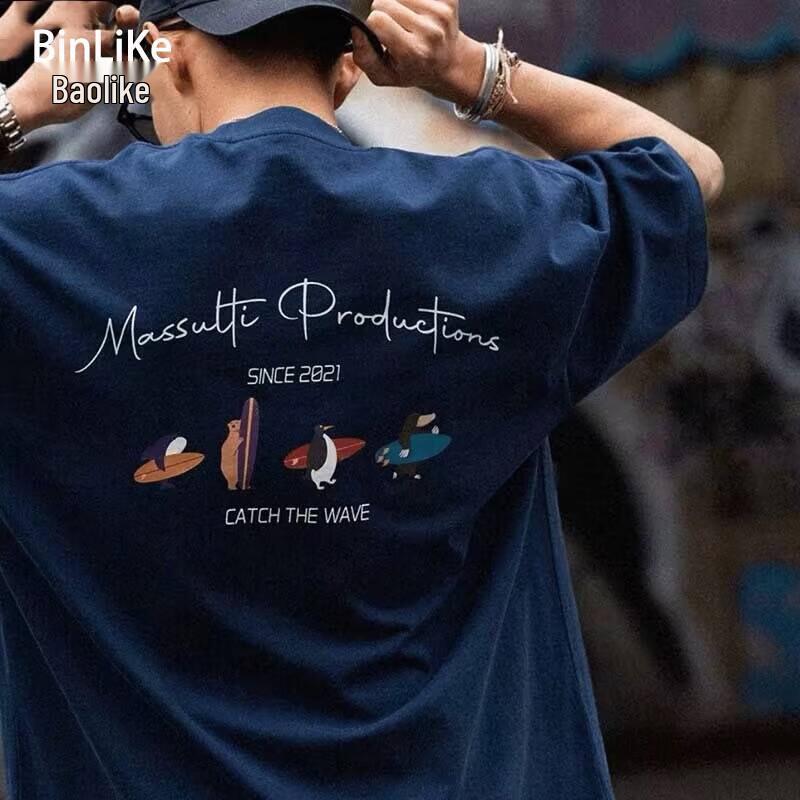 BINLIKE Men s Japanese Style Surfing Print Heavyweight Cotton T-Shirt L