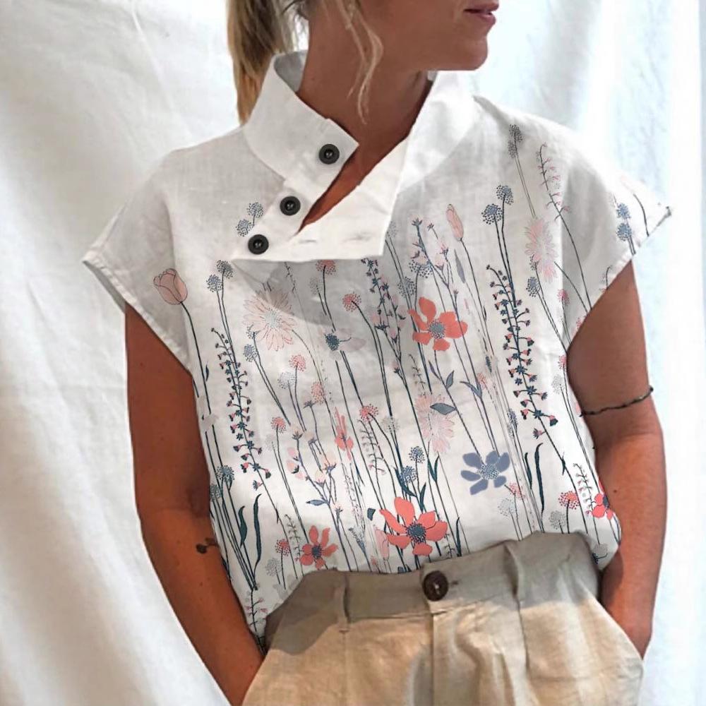 Women S Casual Stand Collar Short Sleeve Pullover Digital Print T Shirt S
