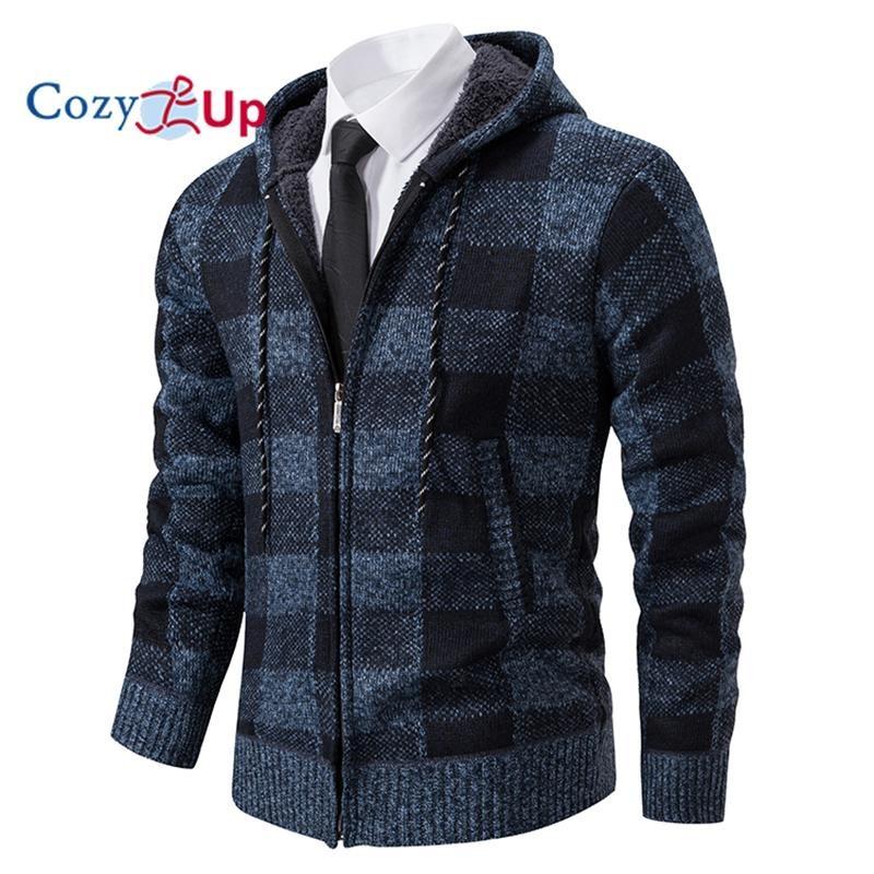 Cozy Up Men Sweater Coat  Autumn Winter Thick Warm Hooded Plaid Wool Sweater Cardigan  Zipper Fleece Coat Men
