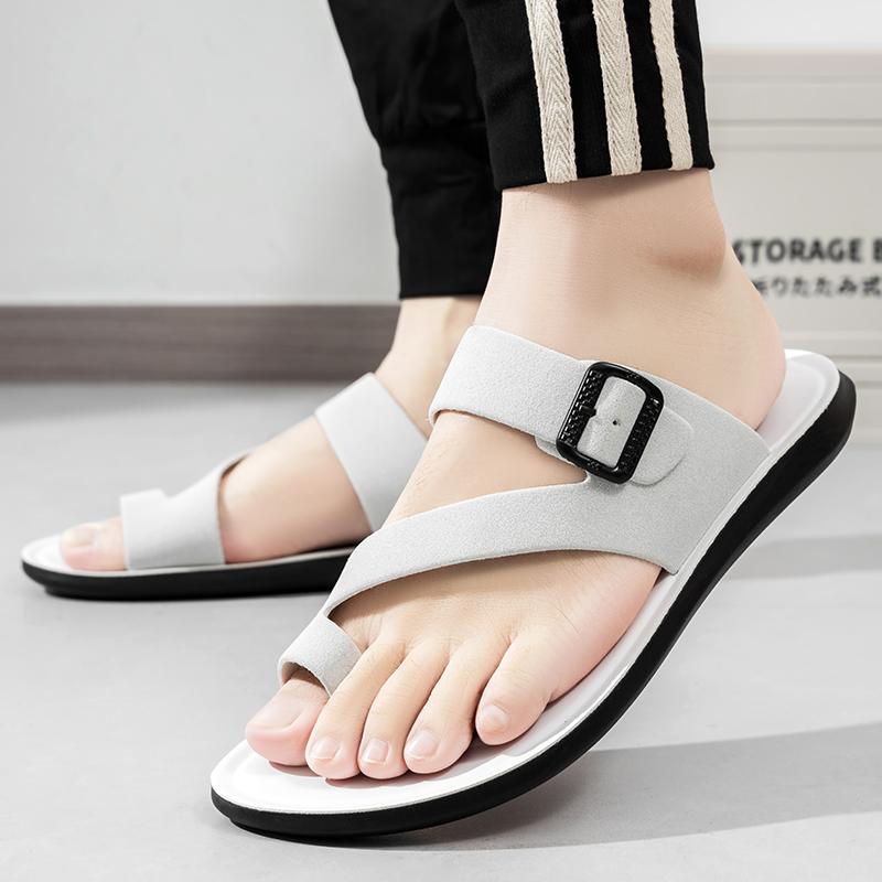 Men Flats Slippers Summer White Roman Sandals Retro Black Brown Leather Wide Head Beach Shoes Plus Size