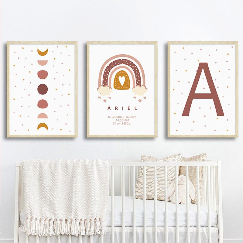 Cartoon Rainbow Custom Birth Data Initial Letter Nursery Canvas Paintings Wall Art Print Pictures Poster Child Room Home Decor