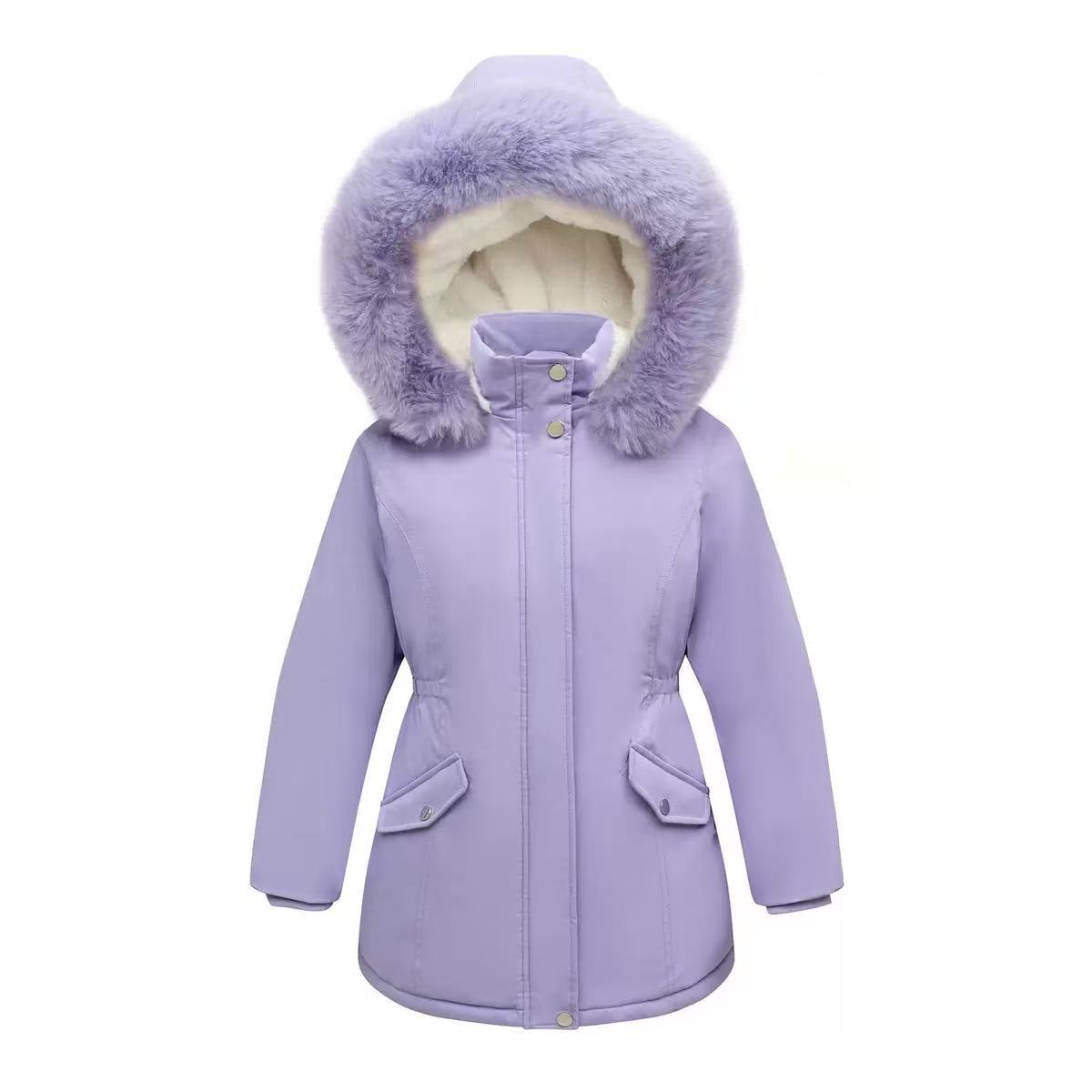 

Дівчача пухова бавовняна куртка 2025 Нова зимова дитяча одежа Дівчача куртка середньої довжини з трьома захисними властивостями Теплі пальто 130 фіолетовий