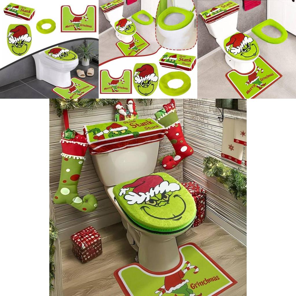 Set Decorazioni Bagno Natale Copriwater e Tappetino Verde Festivo del Grinch