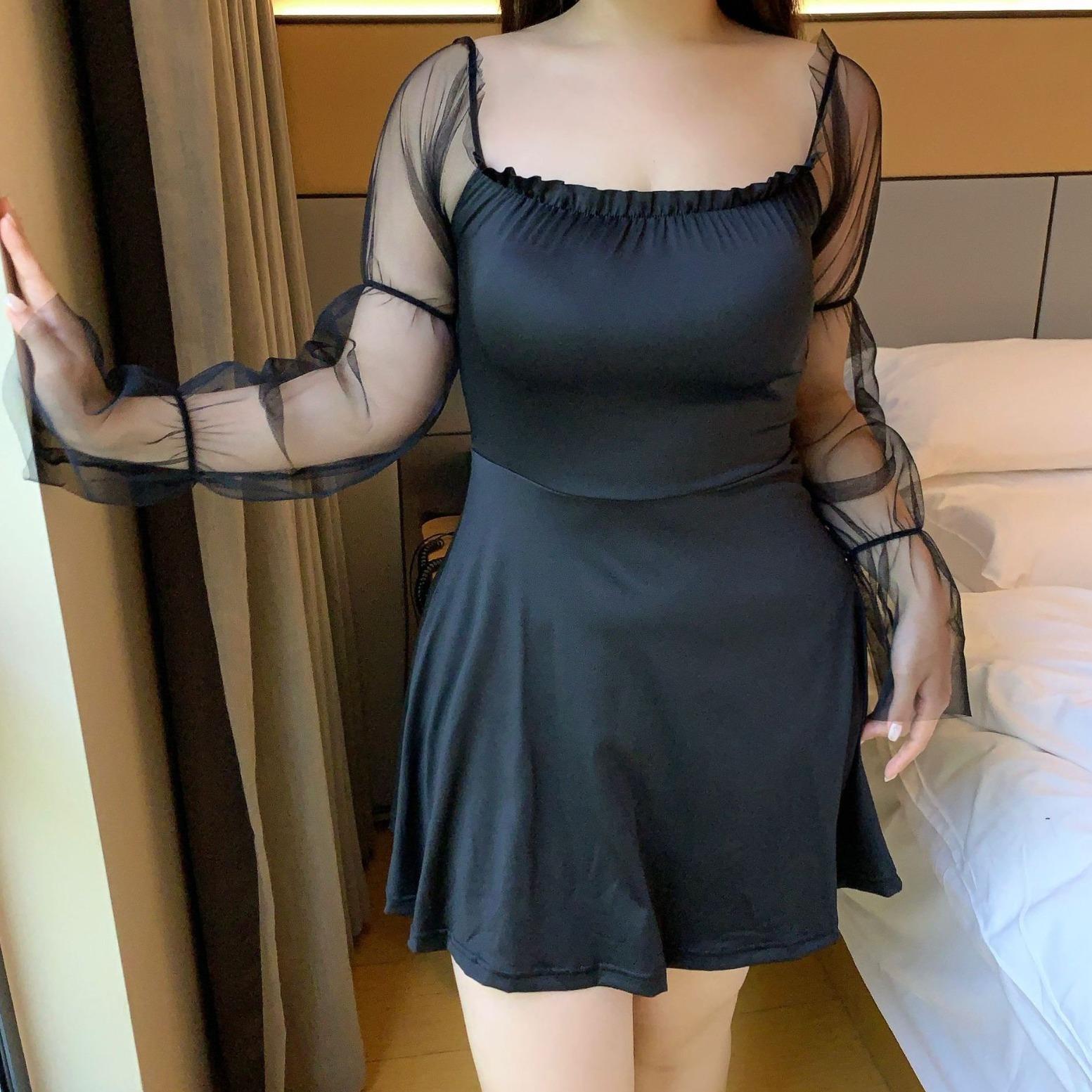New large size sexy low-cut mesh long-sleeved one-piece slim-fit highlight uniform temptation cover M size 80-65kg