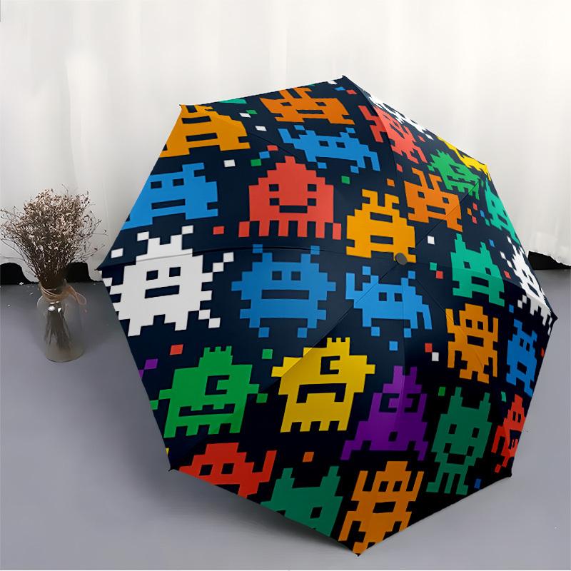 1pc Space Invaders Pixel Art Auto Open/close, All-Season Portable Folding Umbrella for Women & Men, Travel, Everyday, Formal Events -06135