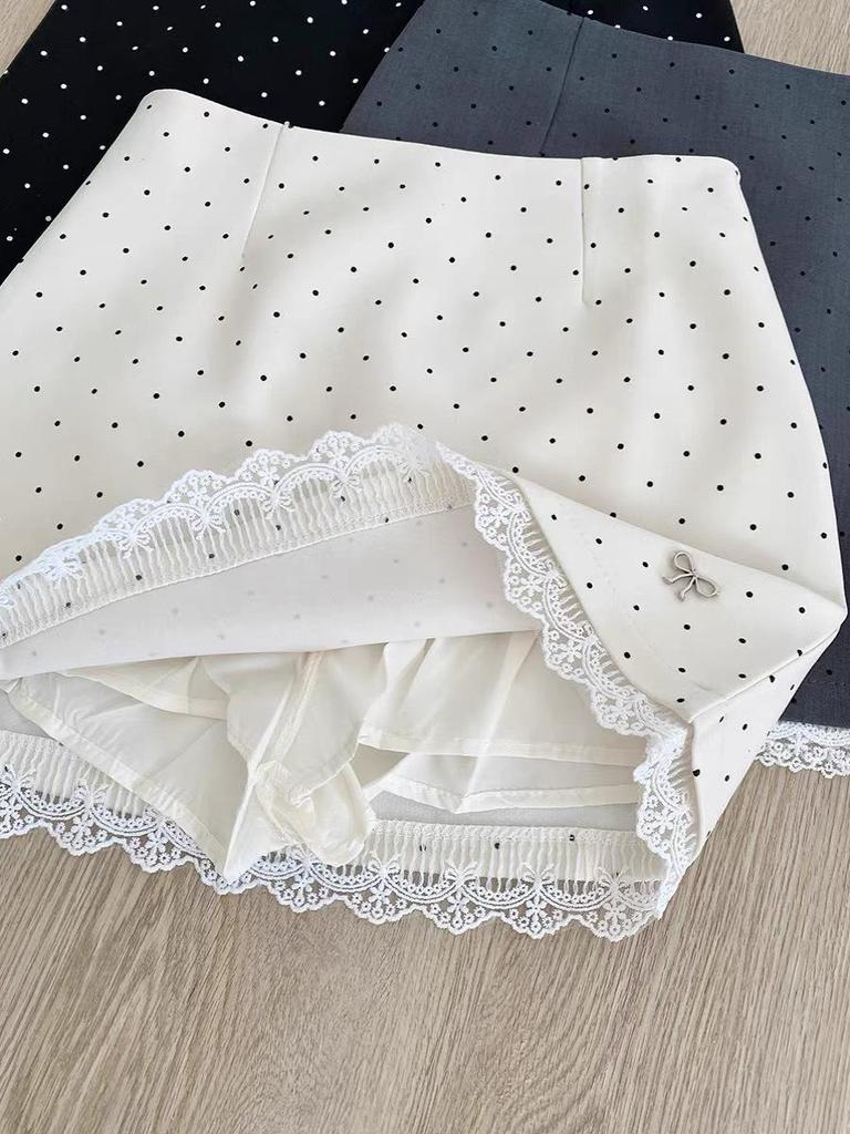 Polka Dot Lace Trim A-Line Midi Skirt, Spring/Summer 2025 Fashion, Petite High-Waist Hip-Hugging Fit