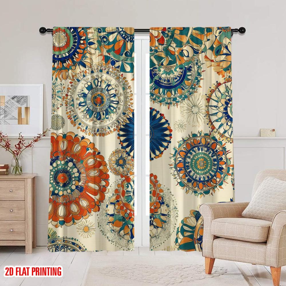 2D Flat Printing 2pcs Curtain Floral Boho Pattern Blackout Polyester Versatile Use for Bedroom Living Room