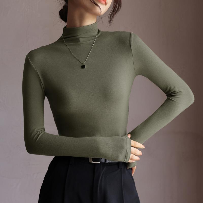 Women's Basic Half-High Neck Base Layer Top Fashionable Long Sleeve T-Shirt Slim Fit Versatile Inner Wear for Autumn