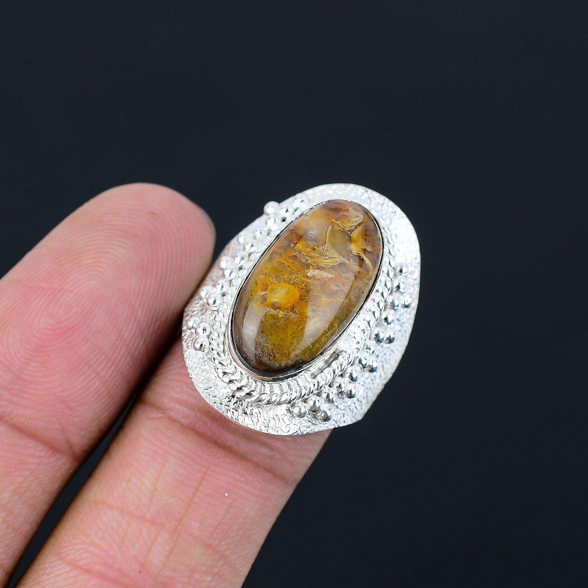 Sterling Silver Oval Plume Agate Stone Wedding Wife Promise Ring Jewelry US 7.5 7.5