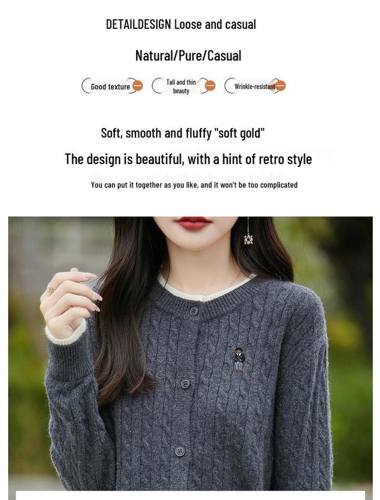 2025 Women's Fashion Color Block Knitted Cardigan: Round Neck, Fake Two-Piece, Embroidered Cable Knit Sweater