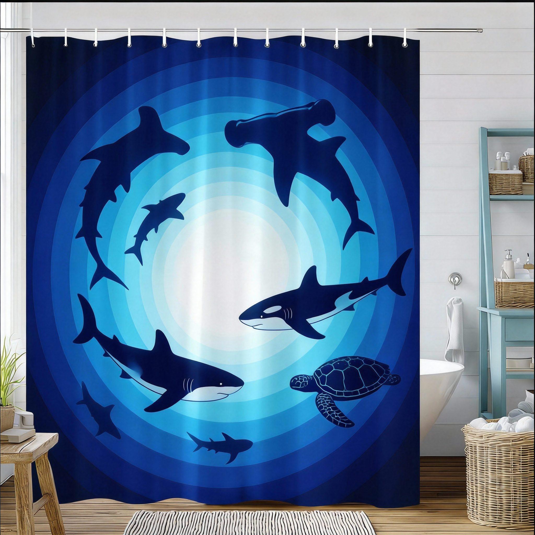 

Shark Shower Curtain Oceanic Underwater Scene Print Polyester Bath Curtain With Hooks For Marine Decor W60H190(CM)-1 Pcs