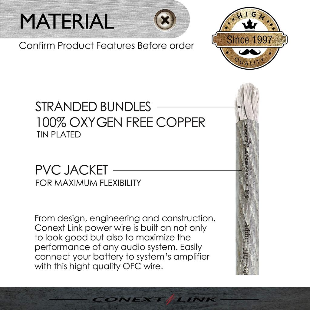 Conext Link 25 FT 4 AWG GA Full Gauge Battery Power Cable Ground Wire Clear Silver OFC Copper
