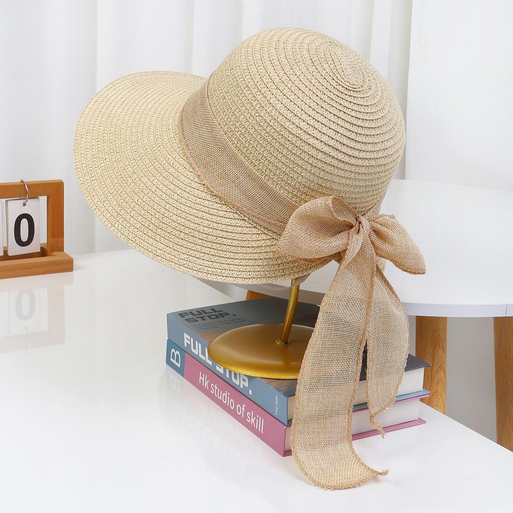 Lace Bow Straw Hat Women's Summer French Large Brim Sunscreen Hat Seaside Beach Vacation Sun Hat