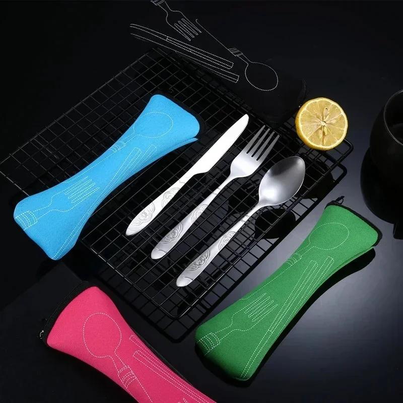 3Pcs Stainless Steel Western Style Steak Knife Fork Spoon Tableware Portable Outdoor Travel Bag Tableware Set Creative Gifts