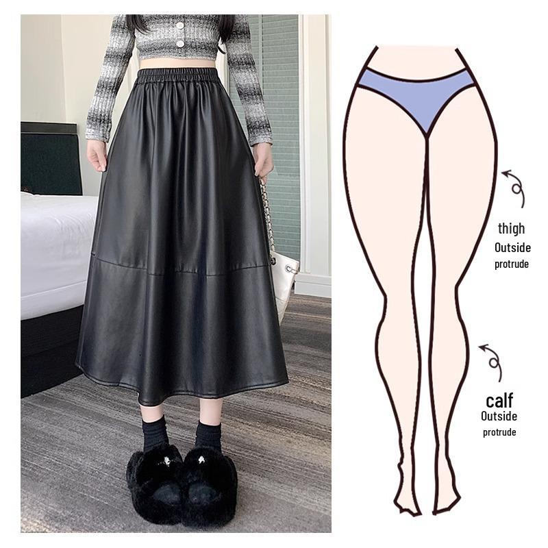 2024 Autumn/Winter PU Leather Mid-Length Skirt: Versatile Fashion Umbrella Design with Elastic Waist.