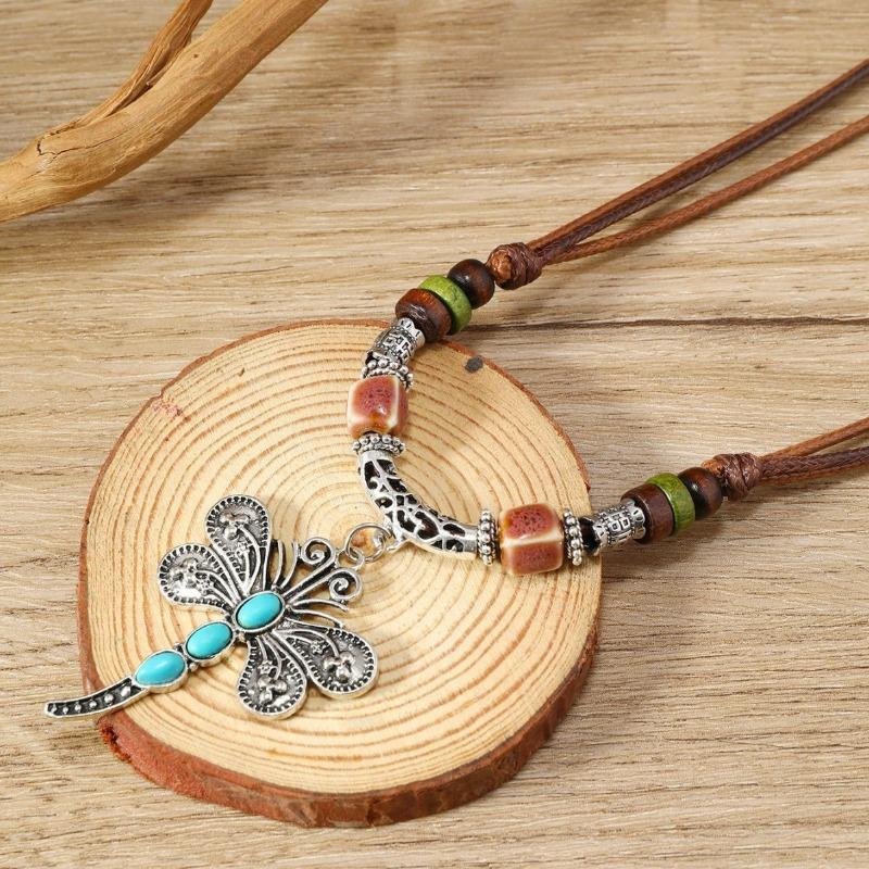 New 1-piece set of personalized fashion wax thread beaded wooden beads dragonfly necklace new G