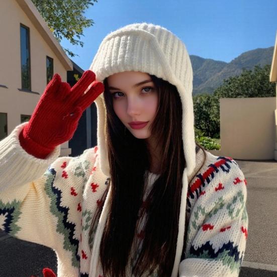 Women Knitting Hat Lace-up Solid Color Ear Protection Winter Elastic Hat Cold Weather Windproof Lei Feng Hat