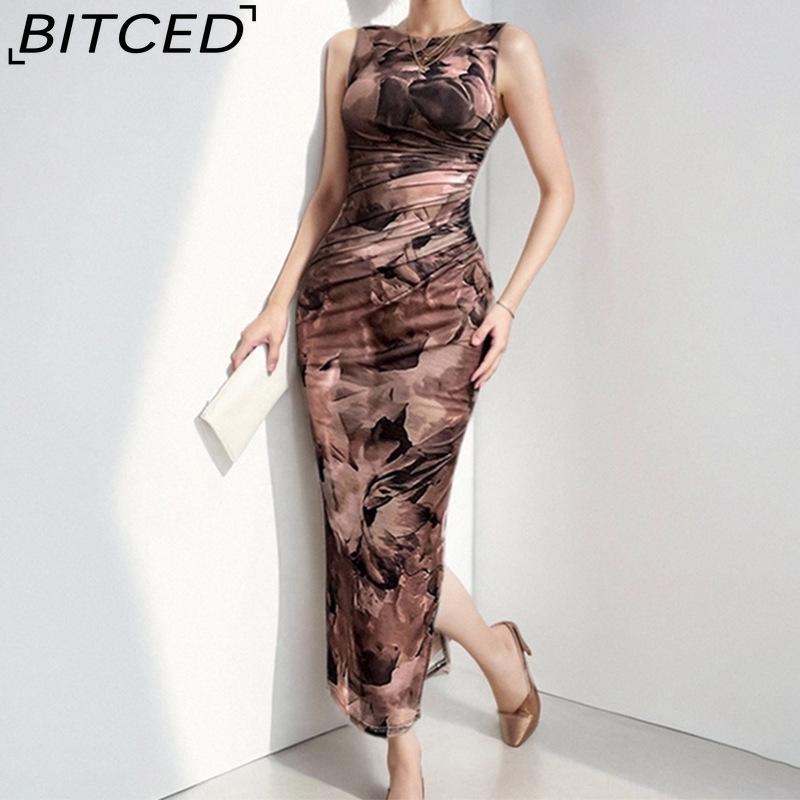 

BITCED Spring/Summer Women s Sleeveless Slit-Hem Sensual Print Elegant Style Fashion Dress XXXL коричневый