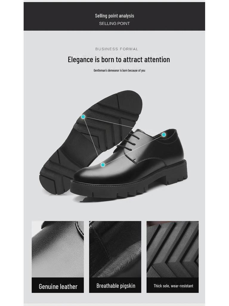 Spring Men's Genuine Leather Breathable Business Shoes - British Formal, Thick Sole, Height-Increasing, All-Match Korean Style
