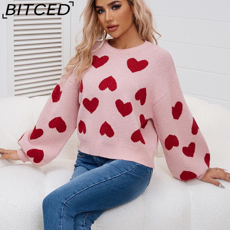 BITCED Bubble Sleeve Valentine's Pink Sweater Loose-Fit Sweet Heart-Patterned Cable-Knit Pullover