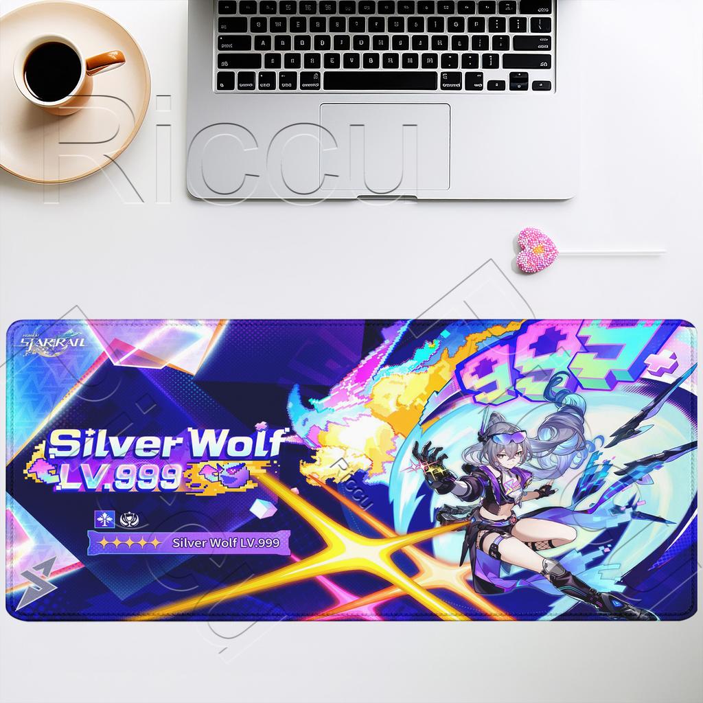 Gaming-Mauspad Silberner Wolf LV HSR Honkai Star Rail Groß XXL Neu Rutschfest Tastatur Anime-Mädchen Kawaii Mauspads PC-Schreibtischmatte