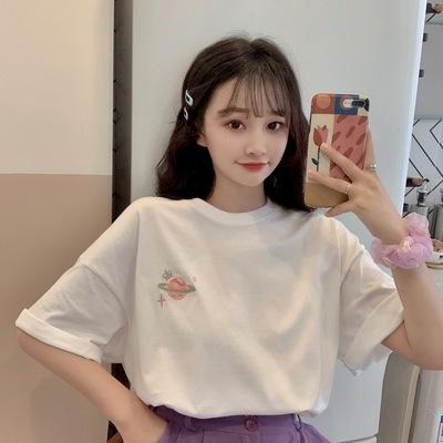 Purple t-shirt women's short-sleeved new summer Japanese gentle Korean chic top loose printing ins tide