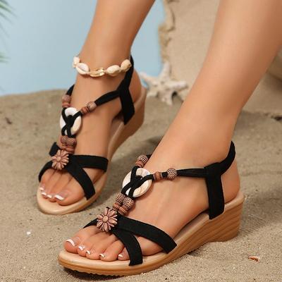 Bohemian Style Womens Wedge Sandals Summer 2025 Comfort Non Slip Beach Shoes Woman Plus Size Beads Decor Outdoor Sandalias Mujer