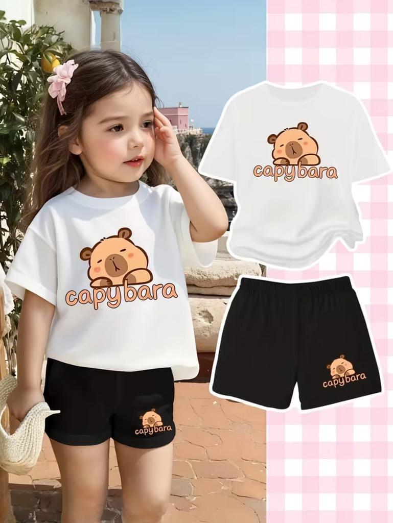 Cartoon Capybara Funny Print Boy Girls Short Sleeved T-Shirt Casual Shorts Children's Set Summer Casual Suit 2 Piece Tracksuits