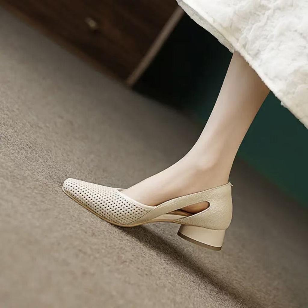 Summer Thick Heel Hollow Sandals for Women French Style Single Leather Shoes