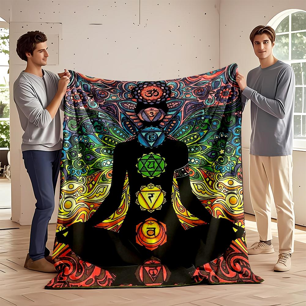 Chakra Meditation Silhouette with Mandala Art Flannel Blanket for Bedroom, Living Room, Sofa, and Nap Sofas.
