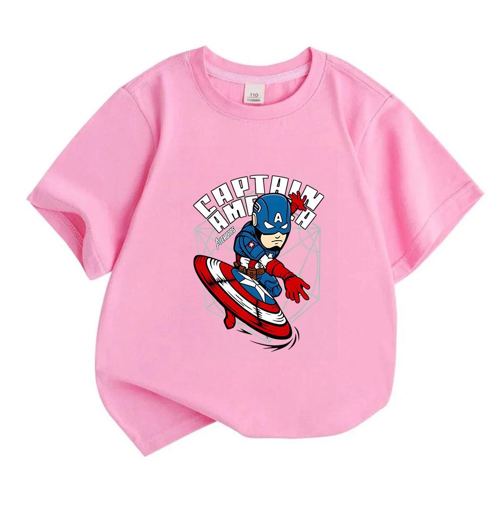 Kids Boys Girls 100% Cotton Short Sleeve O-neck T-shirt, Funny Cartoon Super Hero Captain Character Print Casual Comfortable Tees for Daily Wear Summe
