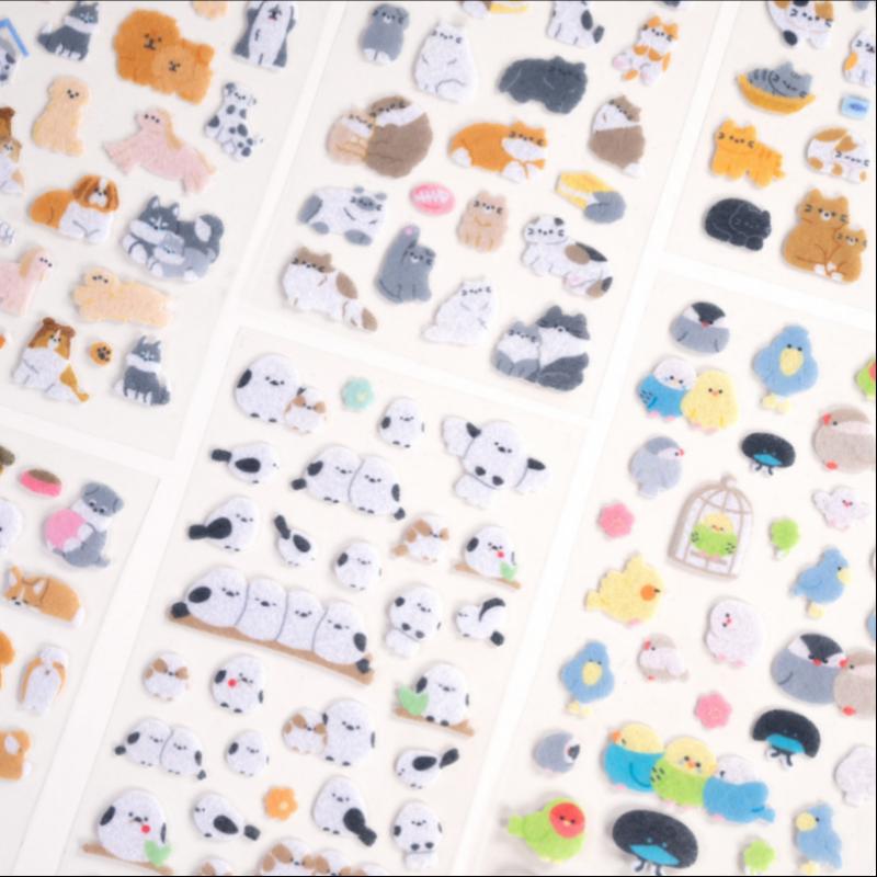 1/6Pcs Cute Cartoon Animals Cats Dogs Birds Felt Cloth Sticker 3D Relief Stickers Fun Scrapbooking Diy Diary Decoration Stickers