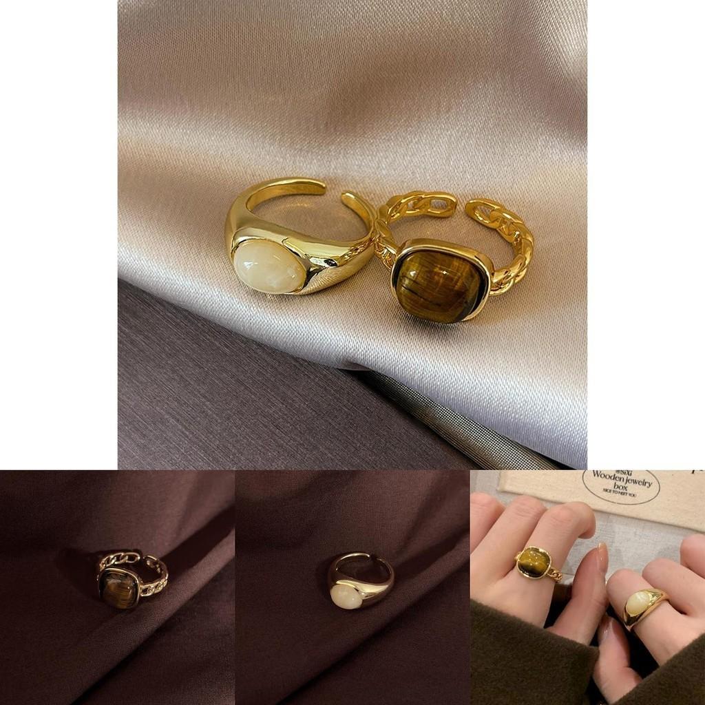 Vintage French Natural Stone Open Ring For Women Unique Design Adjustable Fashion Accessory