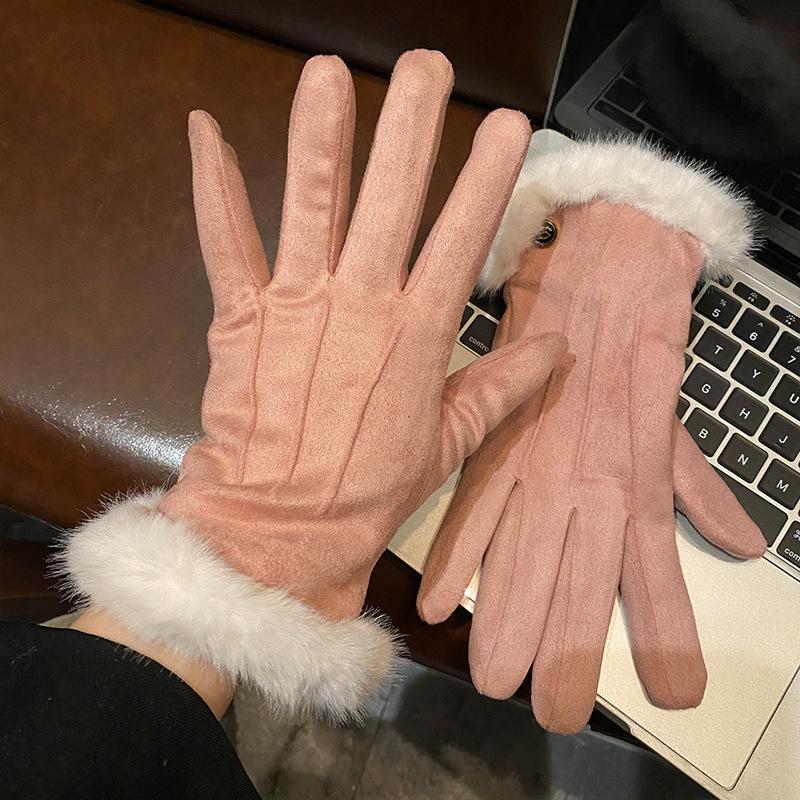Suede Brown Plush Gloves Women's Autumn and Winter Thickened Plush Warm and Cold Outdoor Riding Gloves
