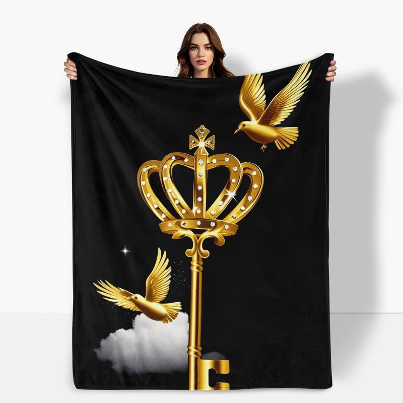 Golden Crown Key Blanket Royal Design Luxury Art Soft Fleece Throw Home Decor Gift Idea Elegant Theme Cozy Warmth