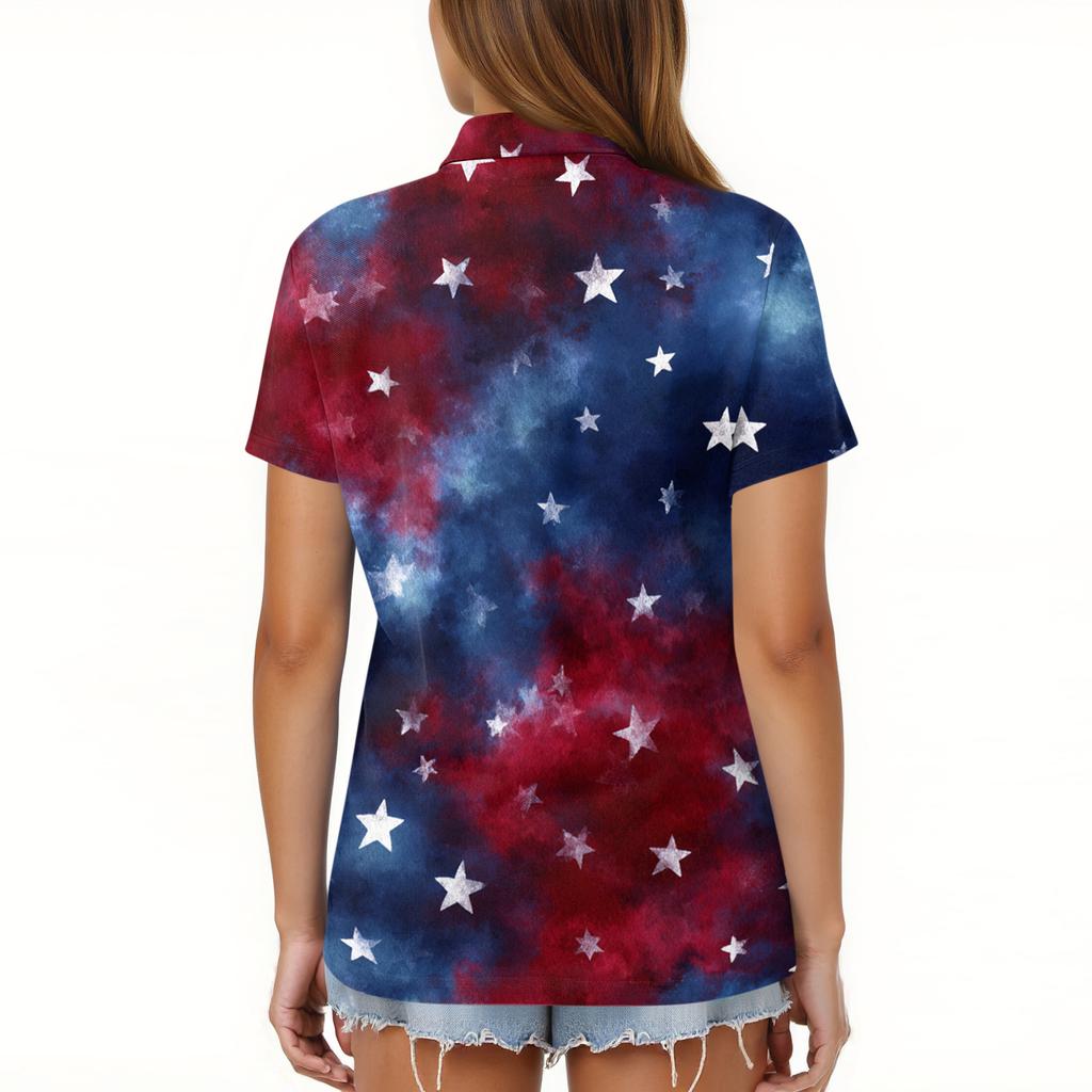 Women’s Short Sleeve Polo Shirt Paint Splatter Printed Button Down Casual Top with Star Pattern for Everyday Wear