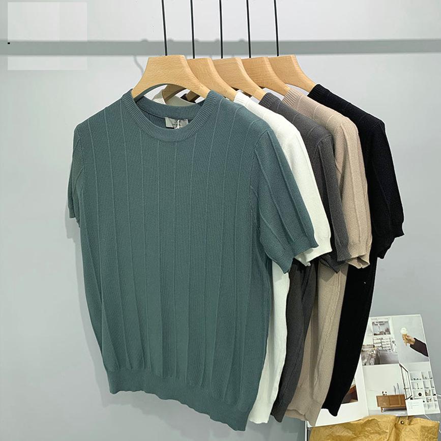 

Summer Men s Trendy Crew Neck Ice Silk Knit T-Shirt - Casual Short Sleeve L абрикосовий