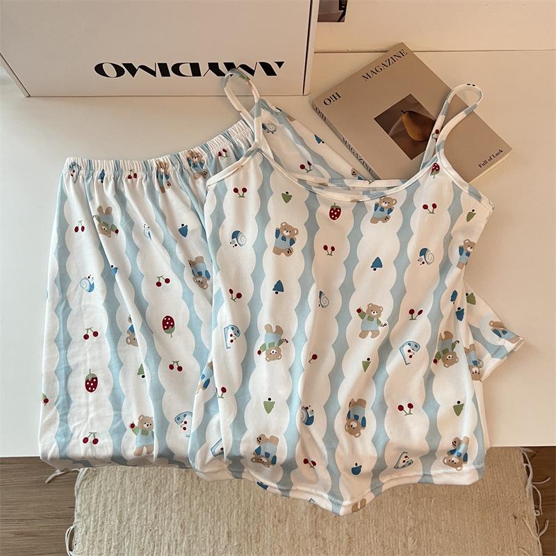 Cute Korean Style Women's Short-Sleeved Camisole Pajama Set with Chest Pads, Imitation Cotton