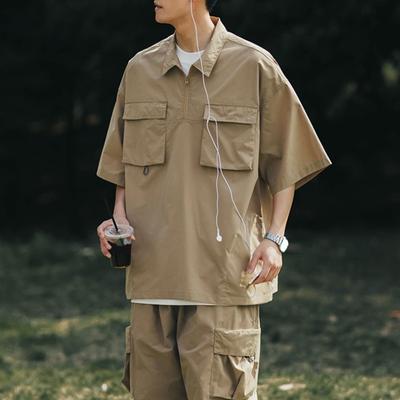 Top Cargo Estivo da Uomo Taschini al Petto Tinta Unita Largo Cerniera Taglie Forti Hip Hop Streetwear Taglie Forti Maniche Corte Mezzo Aperto Colletto Reversibile Medio
