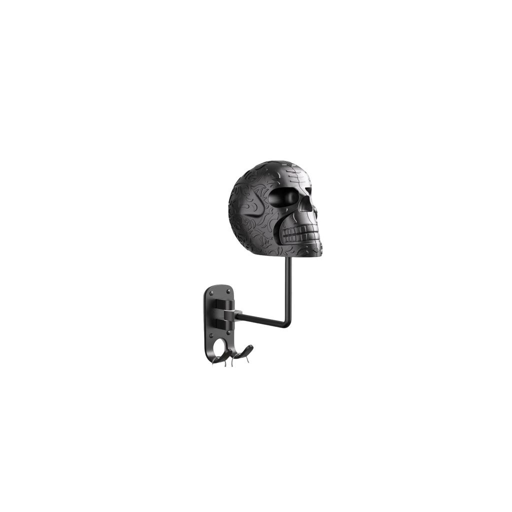 Metal Skull Helmet Holder Rack 180 Degree Rotation Wall Mount Aluminum Hardware with 2 Hooks Black