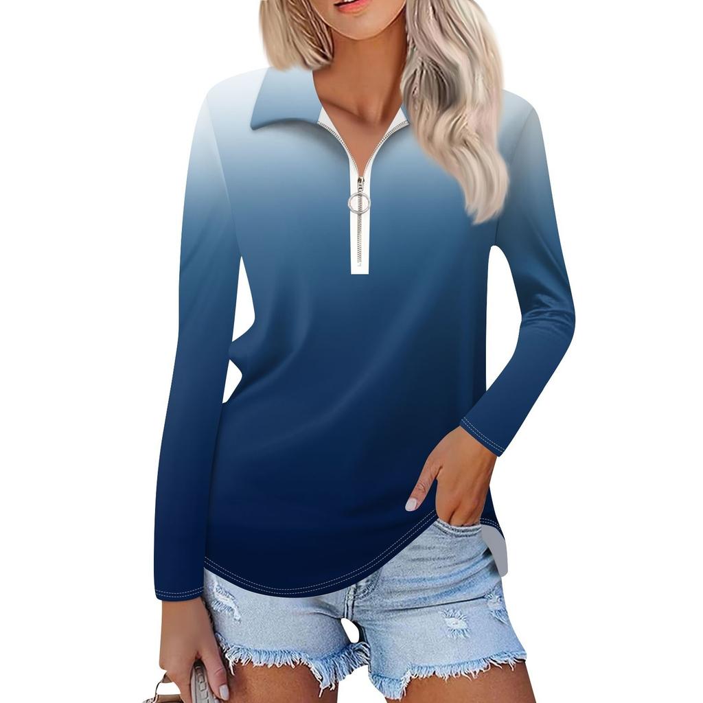 Women's Spring And  Fashion Casual  Printed Zipper V-Neck Long Sleeve Shirt Tops