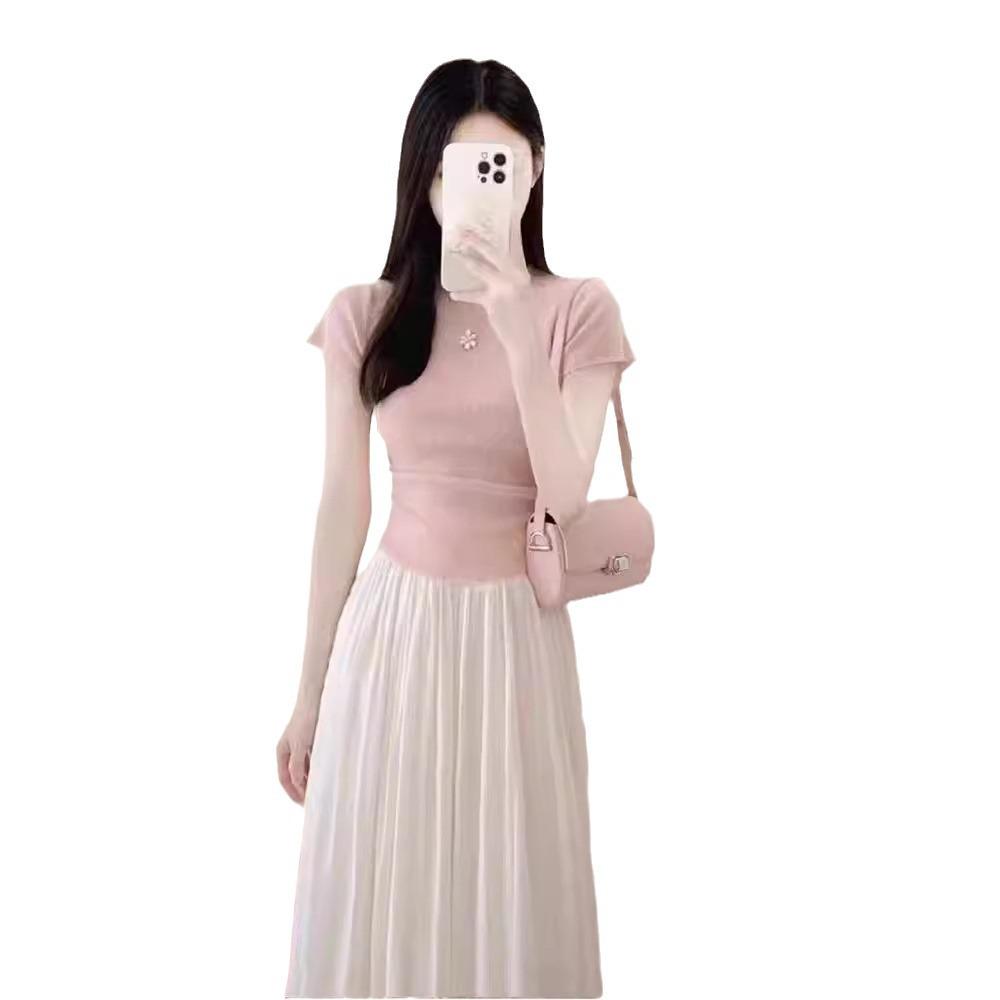 Petite Summer Pink Two-Piece: Short-Sleeved Top & Skirt Set