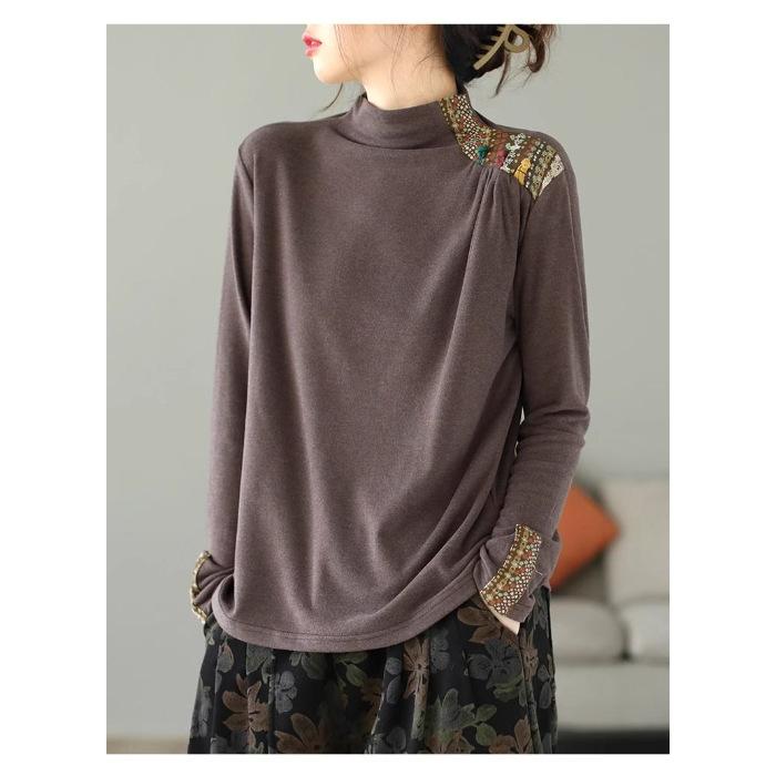 Double-sided Fleece Pullover Top Text Women's Art Retro Ethnic Style Patch Base Shirt Long-sleeved Button T-shirt