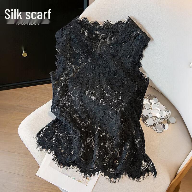 Women s Elegant V-Neck Sleeveless Lace Blouse L чёрный