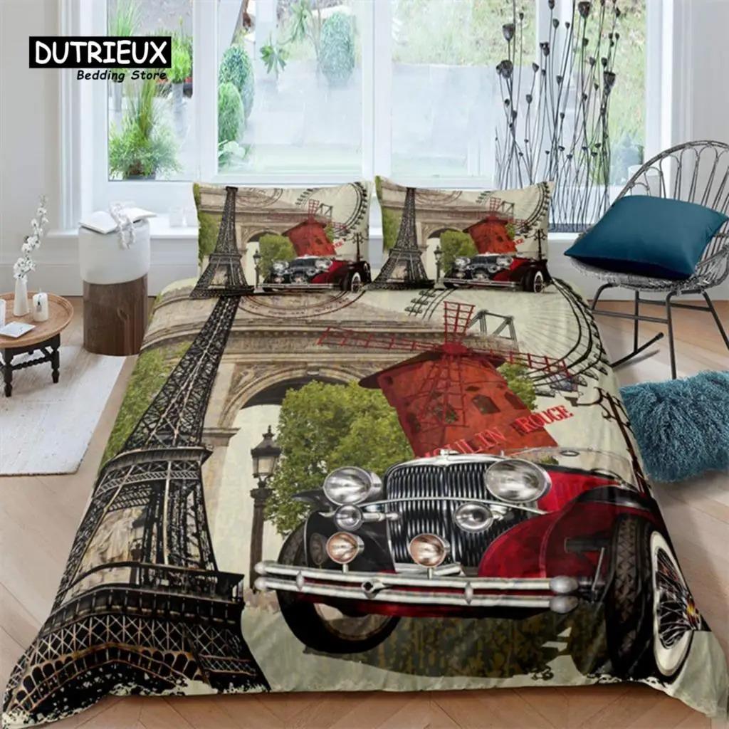 Retro Auto Bettbezug Full Vintage Autos Bettwäsche Set Stadt Gebäude Bettdecke Bezug Kissenbezüge Für Kinder Jungen Teenager Schlafzimmer Dekor