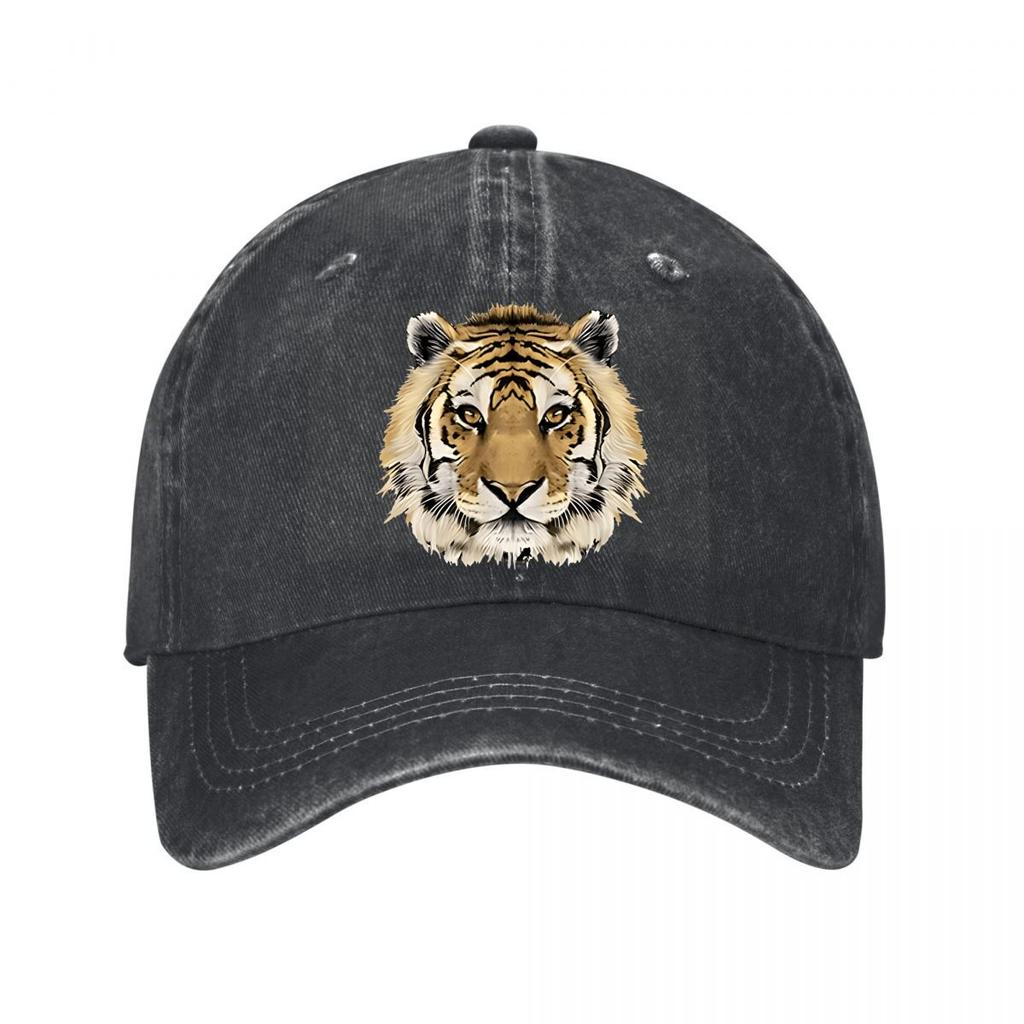 Tiger Head Print Black Cap New Vintage Washed Baseball Cap