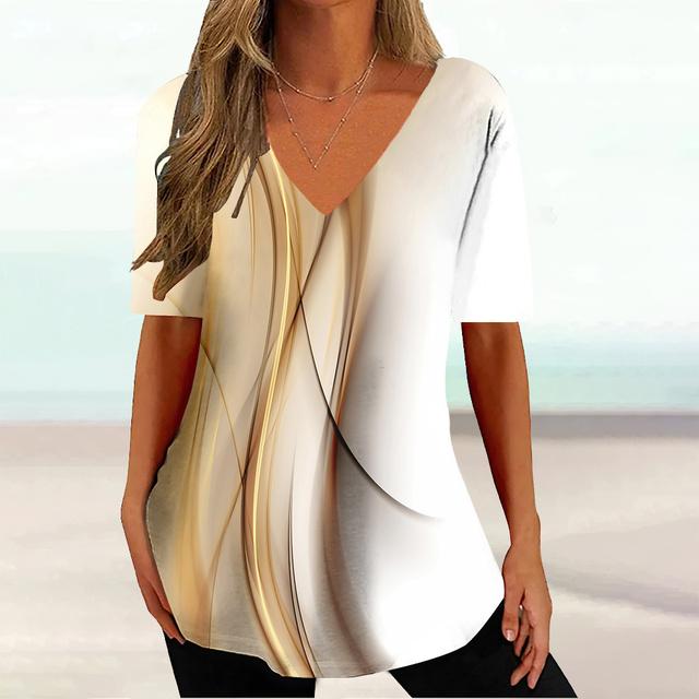 Tricou cu imprimeu curbat pentru femei, haine de vară cu decolteu în V, pentru femei, ocazional, cu mânecă scurtă.