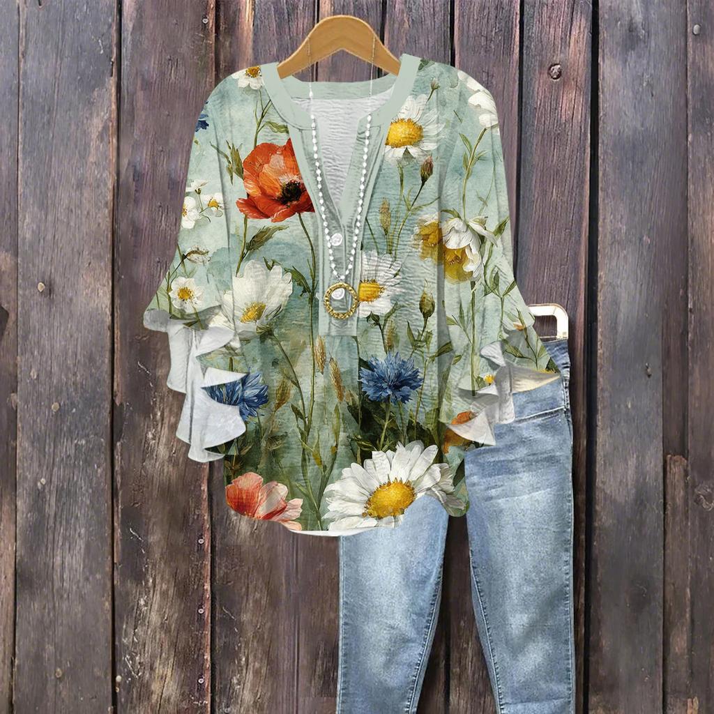 Damenmode Knopf V-Ausschnitt Rüschen Siebenärmel Bluse Geblümtes Top