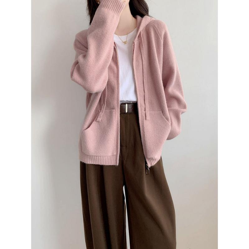 New Solid Color Lazy Wind Hooded Zipper Knitted Cardigan Casual Drawstring Sweater Thick Coat Women